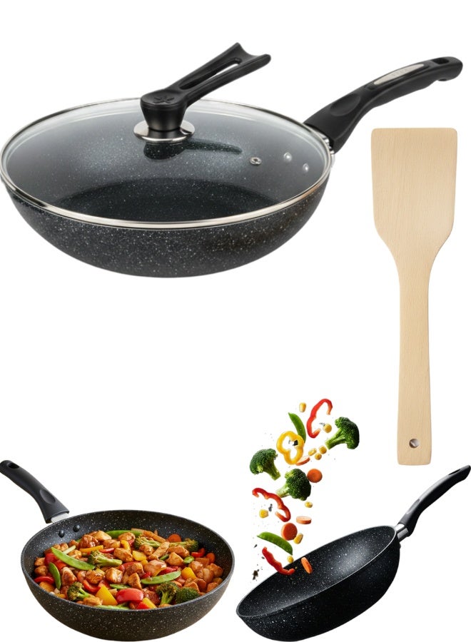 مقلاة ووك جرانيت متطورة غير لاصقة 32 سم مقاس كبير مثالية للطهي الصحي والوجبات العائلية مع غطاء زجاجي حراري ومقبض مريح مقاوم للحرارة وأداة طهي خشبية لحماية الطبقة غير اللاصقة وتوزيع حراري متساوي لجميع أنواع المواقد: الغاز، الكهرباء، الهالوجين، مصممة للقلي السريع والتحمير والطهي مع أقل كمية زيت وسهولة تنظيف فائقة - Image 1